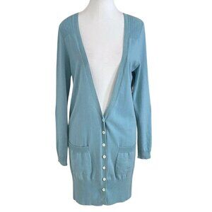 N PEAL TEAL BLUE 100% CASHMERE ROLL TAB SLEEVES LONG CARDIGAN - S